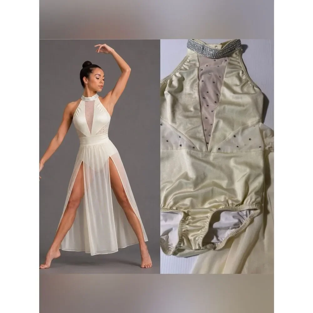 Kelle Ivory Contemporary Solo Costume 2 Piece Mesh maxi Halter lyrical dance MC